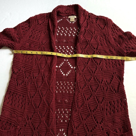 Lucky Brand Womens Open Cardigan Sweater Large Dark Red Maroon Long Knit Pockets - Picture 9 of 12